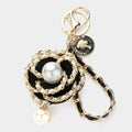 Pearl faux leather braided chain flower - Key chain - Black