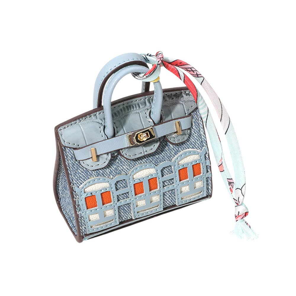 House printed faux leather mini purse - Bag charm - Denim