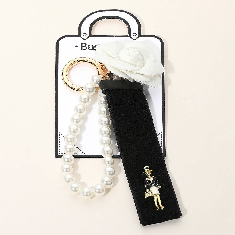 Pearl wristlet flower lady velvet strap - Keychain / Bag charm